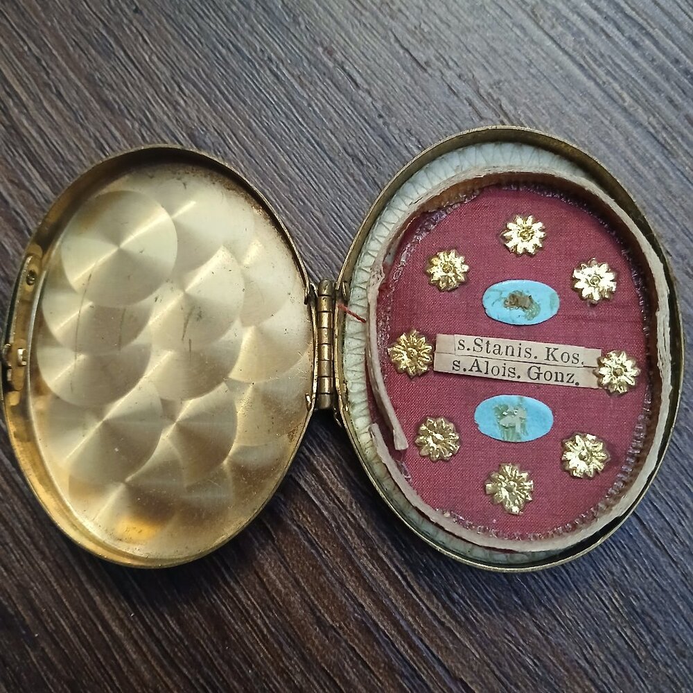 ANTIQUE CATHOLIC SAINTS Stanislaus Kostka Aloysius Gonzaga RELIC RELIQUARY